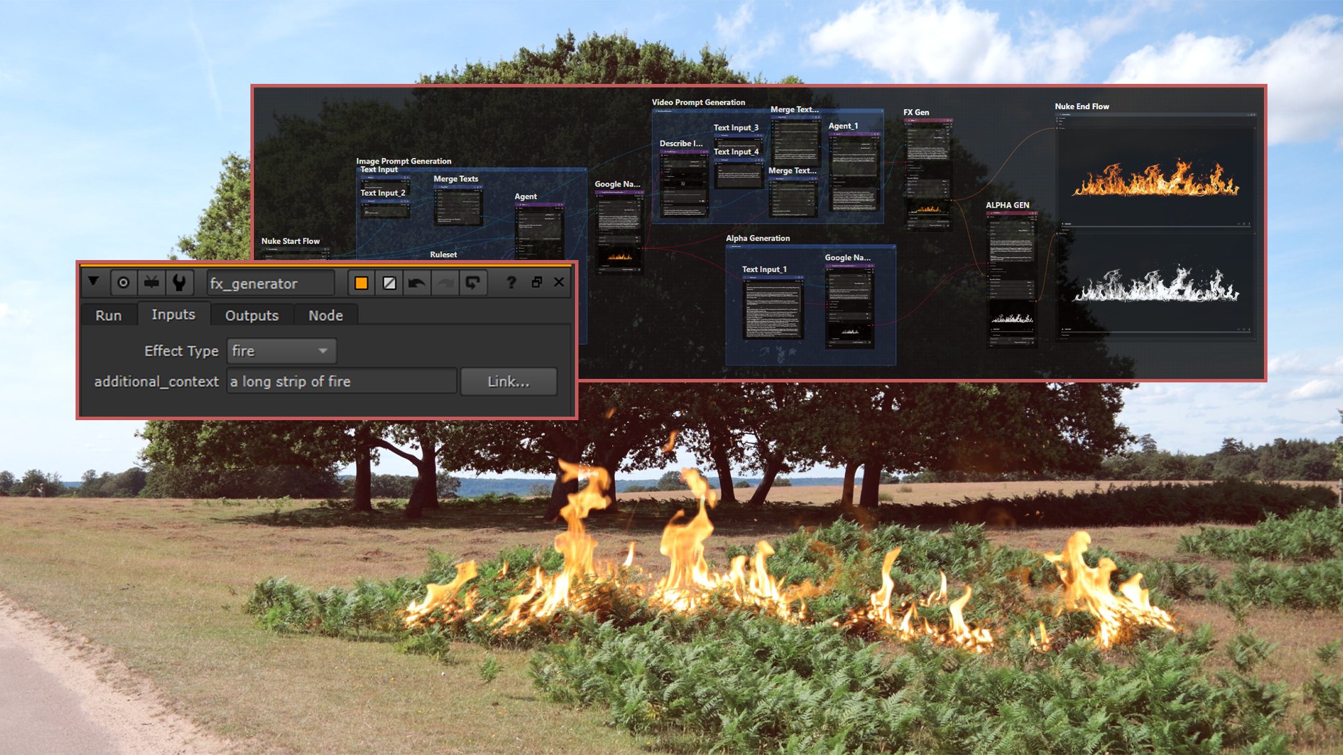 The fx_generator Nuke Gizmo and its Griptape node graph, with a generated fire element composited into a woodland plate