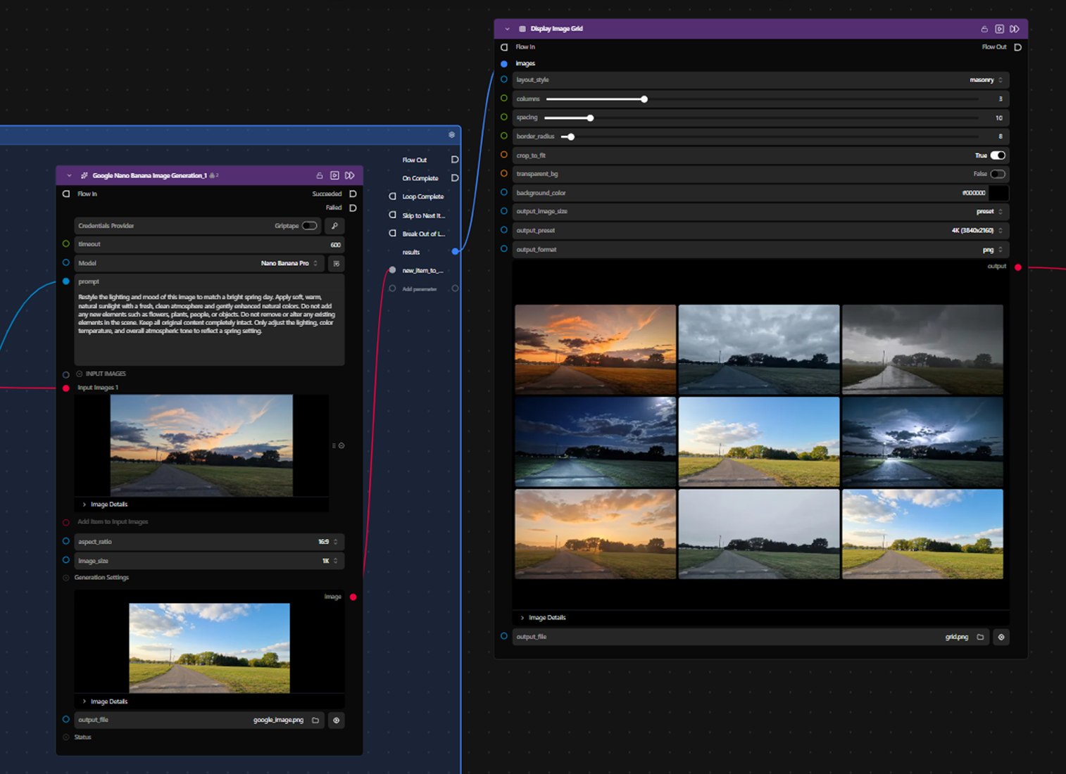 Griptape Nodes workflow using Google Nano Banana to restyle a road photo for different weather and times of day, shown in an image grid