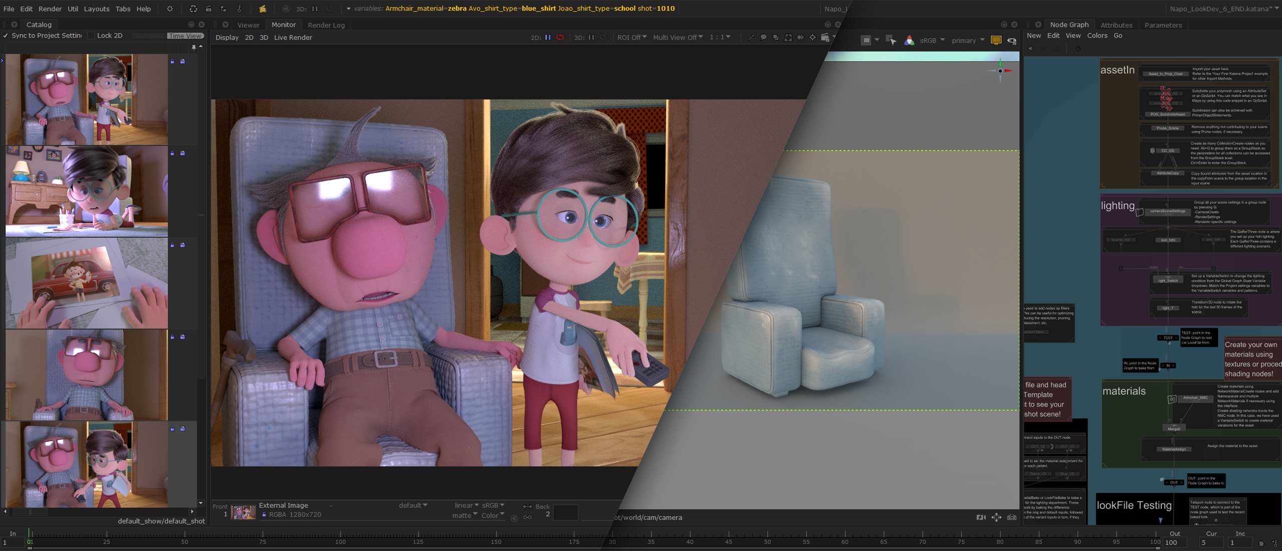 Katana scene showing a finished animated character shot alongside the armchair look development setup and node graph