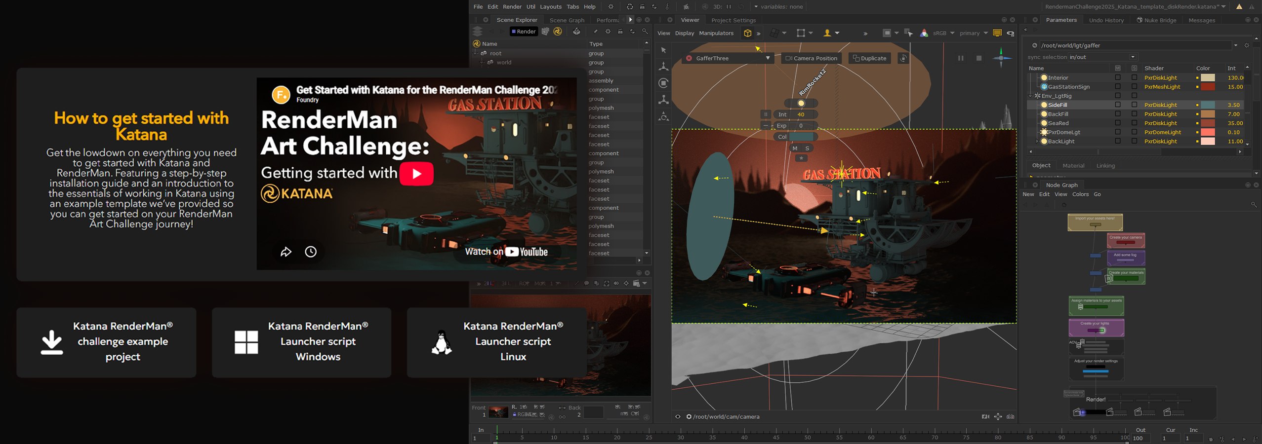 The RenderMan Art Challenge landing page with the Katana getting started video and downloads, beside the challenge template scene in Katana