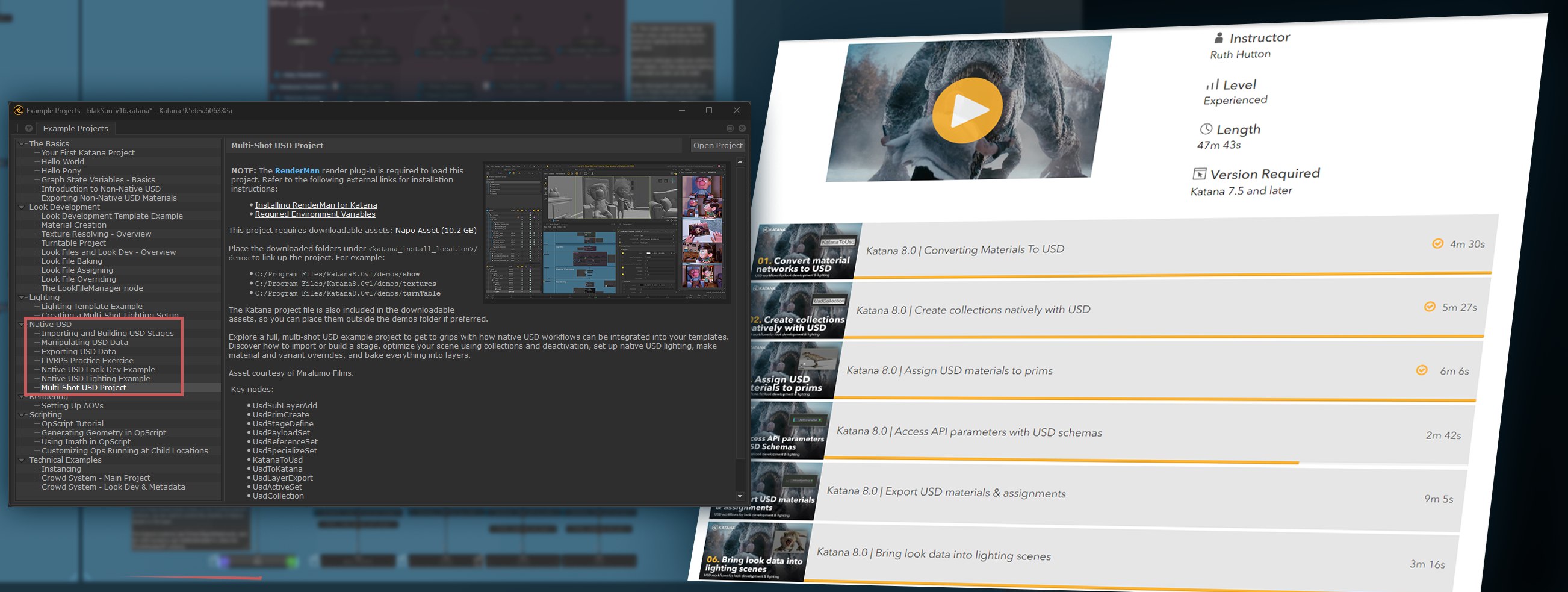 Katana native USD example projects alongside a USD workflows video course